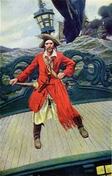 Kapitan Keith na pokładzie swojego statku. Ilustracja z „Book of Pirates Buccaneers and Marooners of the Spanish Main” autorstwa Howarda Pyle