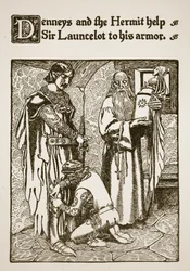 Denneys i pustelnik pomagają Sir Launcelotowi zdobyć zbroję, ilustracja z „Historii Sir Launcelota i jego towarzyszy”, 1907