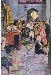 Wymuszenie hołdu od obywateli, z Księgi piratów Howarda Pylesa wydanej przez Harper & Bros, 1921