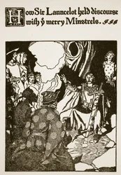 Jak sir Launcelot prowadził dyskurs z wesołymi minstrelami, ilustracja z „Historii Sir Launcelota i jego towarzyszy”, 1907