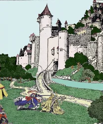 Król Artur i Czarny Rycerz walczą na dziedzińcu Camelotu. Ilustracja Howarda Pyle