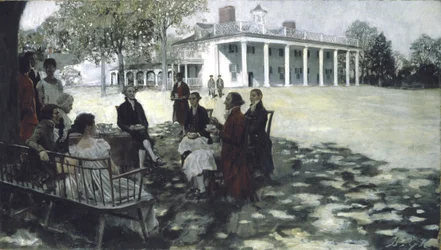 Martha i George Washington zabawiają swoich przyjaciół na trawniku Mount Vernon, 1898 (olej i grisaille na płótnie)