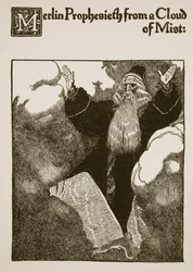Merlin prorokuje z obłoku mgły, ilustracja z 
