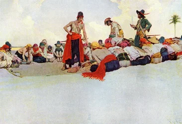 Dzieląc się skarbcem, piraci ponownie zjednoczyli się w kręgu. Ilustracja z „Księgi piratów Buccaneers and Marooners of the Spanish Main” Howarda Pyle