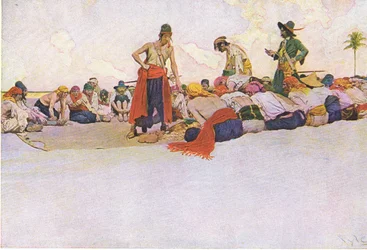 Więc skarb został podzielony, z Księgi piratów Howarda Pylesa wydanej przez Harper & Bros, 1921