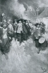 The Burning of Jamestown, 1676, ilustracja z „Kolonie i naród” Woodrowa Wilsona, wyd. w Magazynie Harpera, 1901 (lito)