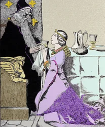 Opłata Viviane urzeka Merlina Zaklinacza. Ilustracja Howarda Pyle