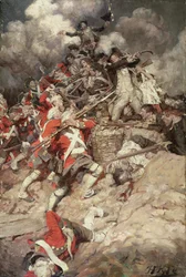 Wspięli się na balustradę i przeszli przez szczyt, Pell Mell, Upon the British lub The Battle of Yorktown, z „Janice Meredith” Paula Leicestera Forda (1865-1902), opublikowanej 1899 (olej na płótnie)