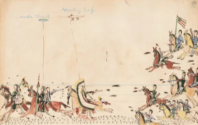 Walka pod Chmurą i Wyjącym Wilkiem z gen. Sullym w 1868 r., 7 Pułk Cavy w pobliżu Zaopatrzenia Obozu Teraźniejszości, 1874-75 (pióro, atrament i toaleta na papierze księgowym)