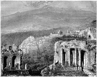 Etna i widok na Taorminę, Sycylia, Włochy, XIX w.