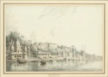 Benares nad Gangesem (ołówek, długopis i atrament oraz w/c na papierze)