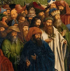 Fragment Adoracji Mistycznego Baranka z Ołtarza Gandawskiego, dolna połowa panelu środkowego
