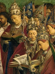 Adoracja Mistycznego Baranka z Ołtarza Gandawskiego, fragment dolnej połowy panelu środkowego