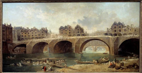 Rozbiórka domów mostu Notre Dame w Paryżu w 1786 r. Obraz Huberta Roberta (1733-1808) 1788 nd. 0,73x1,4 m²