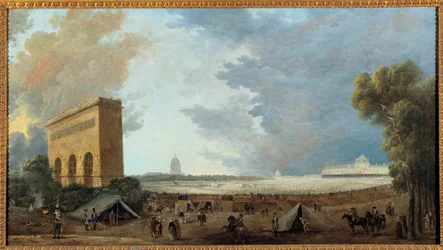 Rewolucja francuska: „Święto Federacji Narodowej obchodzone na Polu Marsowym w Paryżu 14 lipca 1790 roku”. Hubert Robert (1733-1808). 1790. Wymiary: 0,52 x 0,96 m