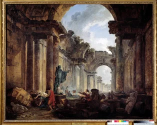 Wyimaginowany widok Wielkiej Galerii Luwru w ruinach, obraz Huberta Roberta (1733-1808), słońce, 1,14 x 1,46 m