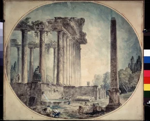 ""Ancient Ruins and Obelisk"" Akwarela Huberta Roberta (1733-1808) 1776 Państwowe Muzeum Sztuk Pięknych im. A. Puszkina, Moskwa, Rosja