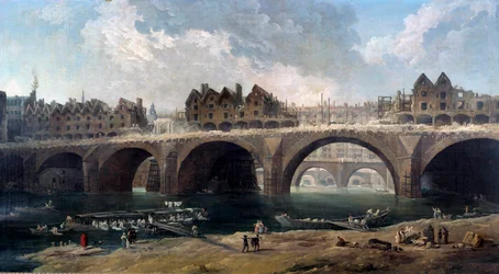 Rozbiórka domów na moście Notre-Dame (Notre Dame) w Paryżu w 1786 r. Sur la Seine, myjnia łodzi. obraz Huberta Roberta (1733-1808) 1786 Nd. 0,86x1,59 m Paryż, Muzeum Carnavalet