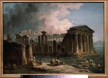 Świątynia otoczona wodami. Obraz Huberta Roberta (1733-1808), olej na płótnie, ok. 1780, sztuka francuska. Państwowe Muzeum Sztuk Pięknych im. A. Puszkina, Moskwa.