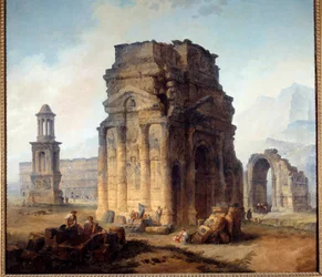 Widok Łuku Triumfalnego i Teatru Malarstwa Pomarańczowego Huberta Roberta (1733-1808) XVIII-wieczne Słońce. 2,42x2,42 m²