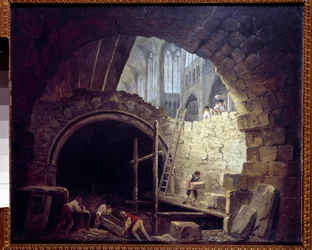 Naruszenie piwnic królów w bazylice św. Denisa w październiku 1793 r. Obraz Huberta Roberta (1733-1808)