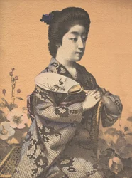 Dziewczyna niosąca okrągły papierowy wachlarz Uchiwa, ca. 1900