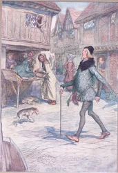 Czyż nie podnosi głowy, jak gdyby? I struct w jego bramie?, ilustracja z Wesołych kuzyn z Windsor, 1910