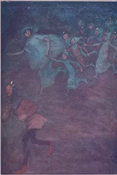 Wchodzi Sir Hugh Evans, Anne Page i inni, ilustracja z Wesołych kuzyn z Windsoru, 1910