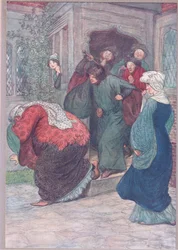 Za moimi drzwiami wiedźmo, ilustracja z Wesołych kuzyn z Windsoru, 1910