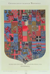 01315 Herb Cesarstwa Austro-Węgier, przedstawiający herby cesarskiego dworu austriackiego, grawerowane przez R. M. Rohrera (kolorowa lito)