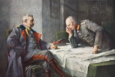 Generał von Hindenburg i kwatermistrz generalny Erich von Ludendorff przy stole z mapami