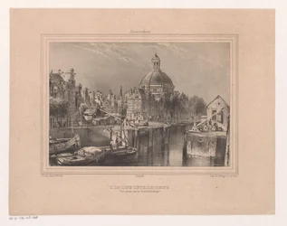 Gezicht op de Stromarkt, het Singel en de Lutherse kerk Kościół luterański. Widok wykonany na kanale (znany jako Singel) (tytuł na obiekcie) Pamiątka z Amsterdamu Osiem widoków narysowanych i litografowanych z natury przez H. van Hove Bz. (tytuł serii)