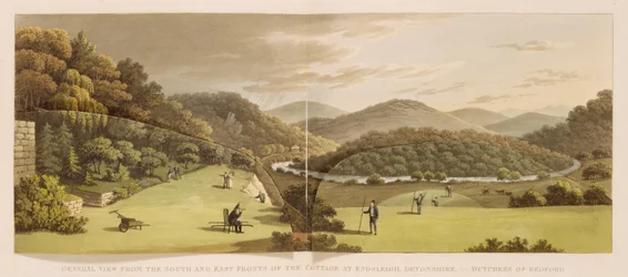Widok ogólny południowej i wschodniej fasady domku w Endsleigh, Devon (przed), z Fragments on the Theory and Practice of Landscape Gardening, wydane w 1816