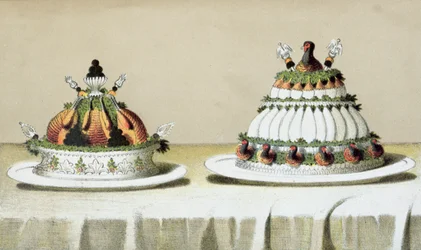 Projekt do prezentacji kurczaka faszerowanego foie gras i piersi bażanta gotowanego na sposób Bertholda, ilustracja z węgierskiej książki kucharskiej o kuchni francuskiej, ok. 1880 r.