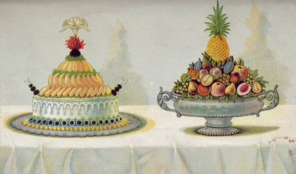 Projekt prezentacji kurczaka z kury z majonezem i galaretką na maśle z lodem i owocami, ilustracja z węgierskiej książki kucharskiej o kuchni francuskiej, ok. 1880 r.