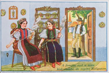 Pocztówka przedstawiająca kobiety w tradycyjnym węgierskim stroju wirujące i śpiewające popularną pieśń Sing a Song to the Frog, ok.1940