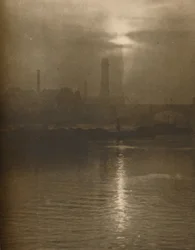 „Mgły londyńskiego wieczoru na Surrey Shore przy Waterloo Bridge”, c1935.