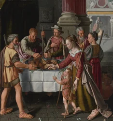 ""Pierwszy dzień żydowskiej Wielkanocy"" (Pierwsze święto Paschy) Obraz Huybrechta Beuckelaera (aktywny ok. 1563-1584) - 1563 - Olej na desce Wym. 105x99 cm Kolekcja prywatna