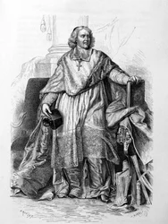Grawerowany portret Jacques-Benigne (Jacques Benigne) Bossueta, biskupa Meaux według Hyacinthe Rigaud (Musée du Louvre) - w „Histoire de France” Guizota