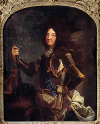 Portret króla Francji Ludwika XIV (1638-1715), w zbroi Obraz Hyacinthe Rigaud (1659-1743) XVIII w. Słońce. 2,21x1,3 m²