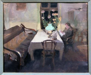 Pokój, wieczorem. Praca Jakova Jakolevich Kalinichenko (1869-1938), olej na papierze
