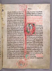 Historyczny inicjał P przedstawiający dwóch kupców, od początku działu poświęconego handlowi, ze Skarosboka (Księga skardzka) ok. 1350 r.