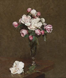 Różowe i białe róże w kieliszku szampańskim, 1874