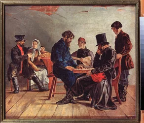 The Drafts Players (dwóch skoncentrowanych graczy, muzyk i para, w tawernie) - The Drafts Players - Obraz Ignati Stepanovich Shchedrovsky (1815-1870), olej na płótnie - XIX-wieczna sztuka rosyjska - Państwowe Muzeum Sztuki, Niżny Nowogród ( Rosja)