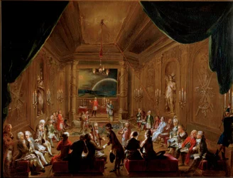 Spotkanie w Wiedniu loży masońskiej Zur gekrönten Hoffnung w 1790 roku. Wolfgang Amadeus Mozart (1756-1791) siedzi po prawej stronie na pierwszym planie. Obraz Ignaza Unterbergera. Historisches Museum der Stadt Wien