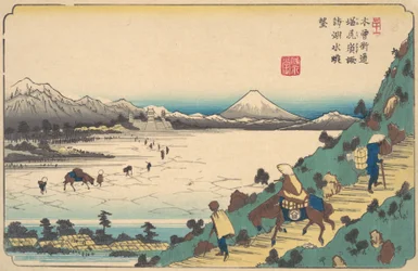Jezioro Suwa od przełęczy Shiojiri, ca. 1835.