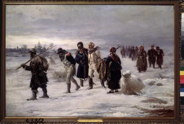 W 1812 r. (Więźniowie schwytani z Wielkiej Armii Napoleona idą po śniegu, wycieńczeni, eskortowani przez chłopów rosyjskich). Obraz Illariona Michajłowicza Pryanisznikowa (1840-1894), olej na płótnie