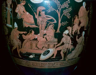 Grecki czerwonofigurowy krater wolutowy ze sceną z woreczka Troi, IV wiek p.n.e