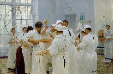 Chirurg Iwan Pawłow (1849-1936) na sali operacyjnej (Chirurg Pawłow na sali operacyjnej). W otoczeniu swojego zespołu medycznego, asystentek i pielęgniarek chirurg operuje chorego pacjenta. Obraz Ilji Jefimowicza Repina (Ilia Repin) (1