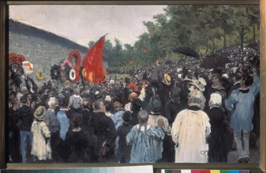 Coroczne spotkanie na cmentarzu Pere Lachaise w Paryżu. (Przed Sfederowanym Murem, przed którym w 1871 r. rozstrzelano bojowników Komuny, który odtąd stał się symbolem walki o wolność i ideały rewolucyjne). Namalowany